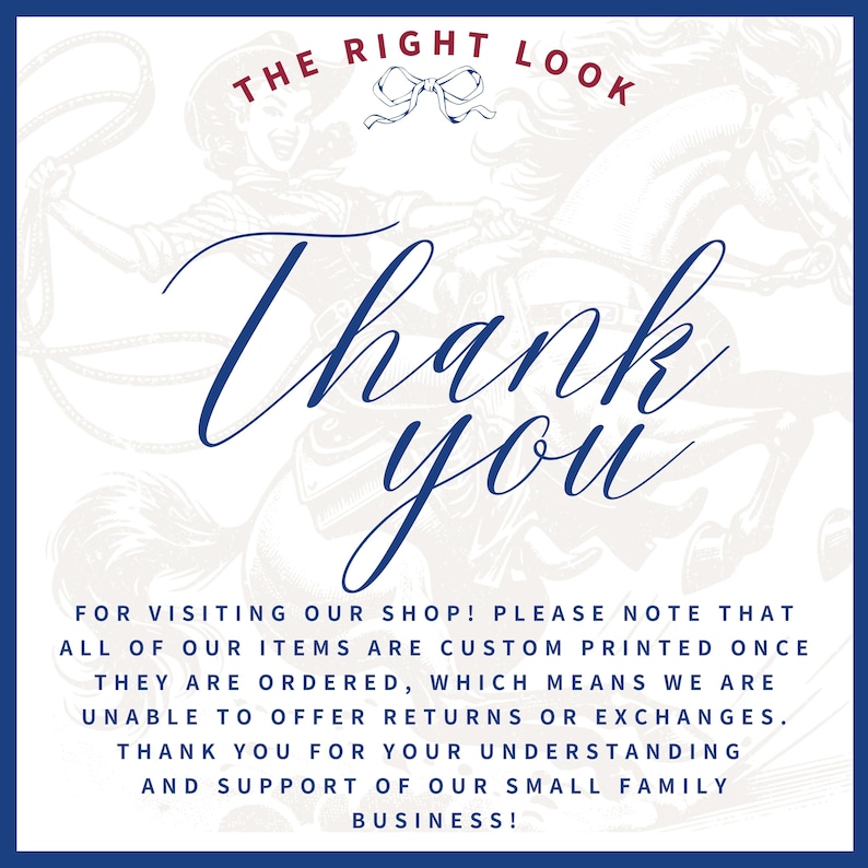 May include: A white background with a blue border and text that reads "Thank you" in a cursive font. The top of the image has the words "THE RIGHT LOOK" and a bow graphic. Additional text provides shop information.