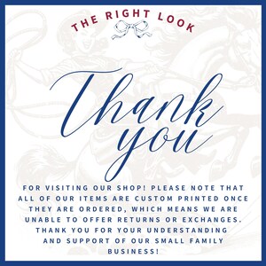 K&ouml;nnte beinhalten: Wei&szlig;er Hintergrund mit marineblauem Rand und dem Text "Thank you" in Schreibschrift. Der obere Teil des Bildes tr&auml;gt den Text "THE RIGHT LOOK" in Rot. Der untere Teil des Bildes enth&auml;lt zus&auml;tzlichen Text.