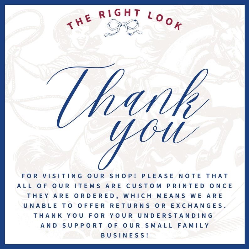K&ouml;nnte beinhalten: Wei&szlig;er Hintergrund mit marineblauem Rand und dem Text "Thank you" in Schreibschrift. Der obere Teil des Bildes tr&auml;gt den Text "THE RIGHT LOOK" in Rot. Der untere Teil des Bildes enth&auml;lt zus&auml;tzlichen Text.