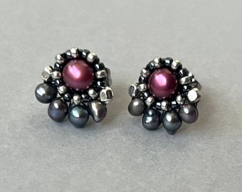 Red freshwater pearl stud earrings -  Burgundy pearl jewelry - Freshwater pearl posts - June birthstone