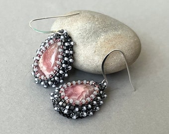 Rhodochrosite bead embroidery teardrop earrings - Bead Embroidery Jewelry - Rhodochrosite Jewelry- Pink Grey Earrings