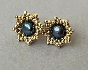 Freshwater pearl star stud earrings - Beaded flower studs - Gold filled and grey peacock freshwater pearl studs - June birthstone