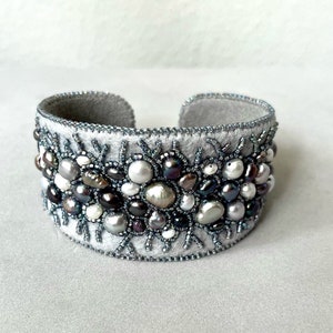Bead embroidery cuff bracelet - freshwater pearl cuff - statement bracelet - June birthstone - Bead embroidered bracelet - Statement jewelry