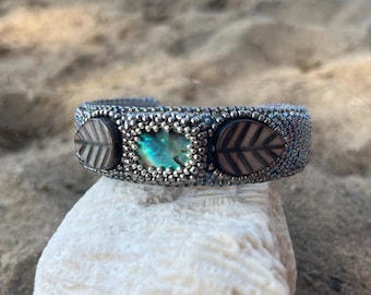 Bead Embroidery Paua Shell Bracelet, Coastal Jewelry, Abalone Cuff, Bead Embroidered Jewelry, Gift for her