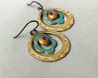 Brass Patina Hoop Earrings; Bronze Turquoise Earrings; Boho Chic Earrings; Everyday Earrings; Beaded Lotus Hoops