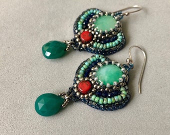 Mint Green Bead Embroidery Earrings; Egyptian Earrings; Beaded Earrings; Statement Jewelry; Bead Embroidered Jewelry; Statement Earrings