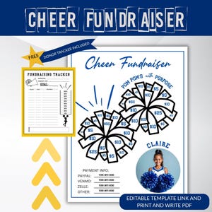 May include: A printable cheer fundraiser template with a fundraising tracker and pom-pom graphic. The template includes a space for payment information and the text "Cheer Fundraiser". The image also includes the text "Editable Template Link and Print and Write PDF".