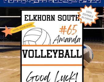 May include: A volleyball locker sign in white and black, with the text "VOLLEY BALL LOCKER SIGNS" at the top. The sign features "ELKHORN SOUTH", a volleyball graphic, the name "Amanda", and the words "VOLLEYBALL" and "Good Luck!"