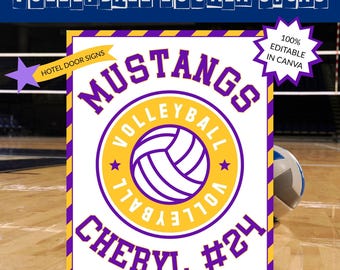 May include: A volleyball locker sign with the text "VOLLEY BALL LOCKER SIGNS" at the top. The sign features the word "MUSTANGS" in purple, a volleyball graphic, and the name "CHERYL #24". The sign is bordered in yellow and purple.