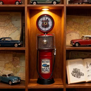 Op de afbeelding: Een rode Route 66 thema klok en benzinepomp decoratief stuk. De klok is rond met een zwarte wijzerplaat en witte cijfers. De benzinepomp heeft de woorden "Mother Road" en een autografiek. Het stuk staat op een houten plank met modelauto's.