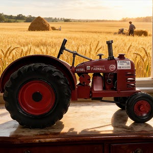 Op de afbeelding: Een rode en zwarte speelgoedtrekker met de tekst "Farmall" en "Diesel" aan de zijkant. De trekker heeft grote zwarte banden met rode velgen. De achtergrond toont een tarweveld en een raam.