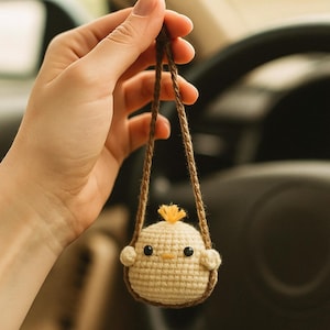 Cute Swinging Chick Car Mirror Hanging Accessories, Crochet Chicken Ornaments, New Car Gift Idea, Gift For Her, Car Decorations, Car Charm