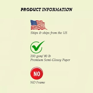 May include: Product information graphic with the text "PRODUCT INFORMATION". Includes an American flag, a green checkmark, and the text "200 gsm/ 80 lb Premium Semi-Glossy Paper". Also includes a red circle with the word "NO" and the text "NO Frame".