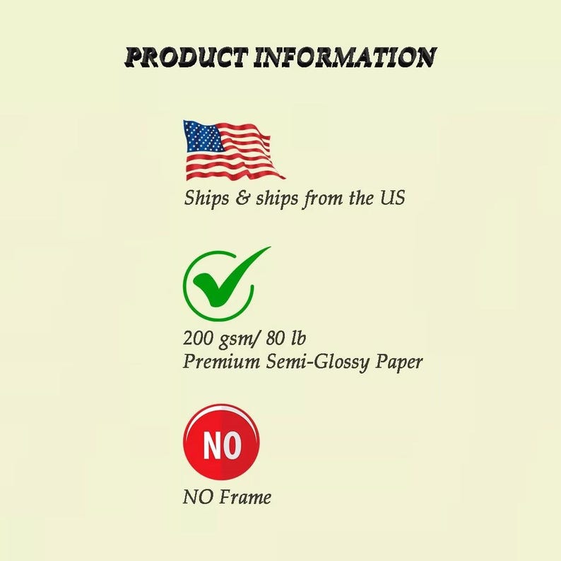 May include: Product information graphic with the text "PRODUCT INFORMATION". Includes an American flag, a green checkmark, and the text "200 gsm/ 80 lb Premium Semi-Glossy Paper". Also includes a red circle with the word "NO" and the text "NO Frame".