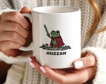 Huzzah Frog with Sword Mug, Medieval Frog Meme Coffee Mug, Whimsical Frog Knight Mug, Funny Frog Mug, Renaissance Faire Frog Gift, Funny Mug