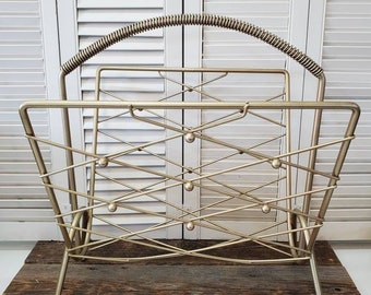 Vintage Brass MCM Magazine Rack/ Record Rack/ Record Holder/ Art Deco/ Atomic Era