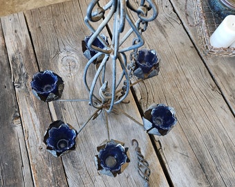 Vintage Iron Chandelier / New Old Stock / Blue Glass Votives SALE 20 off