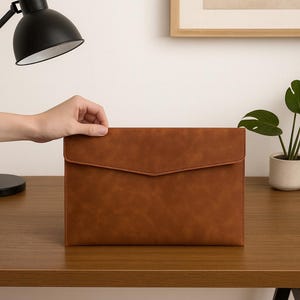 May include: A brown leather laptop sleeve with a flap closure. The sleeve is rectangular and has a stitched border. The background includes a desk, a black lamp, and a framed picture.