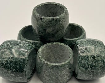 Set of 6 Vintage Agate Stone Napkin Rings - Polished Green Natural Marbled Pattern Table Decor