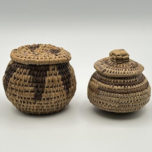 Miniature Hand-Woven Native American Lidded Basket Set - Natural Fiber Collection image 1
