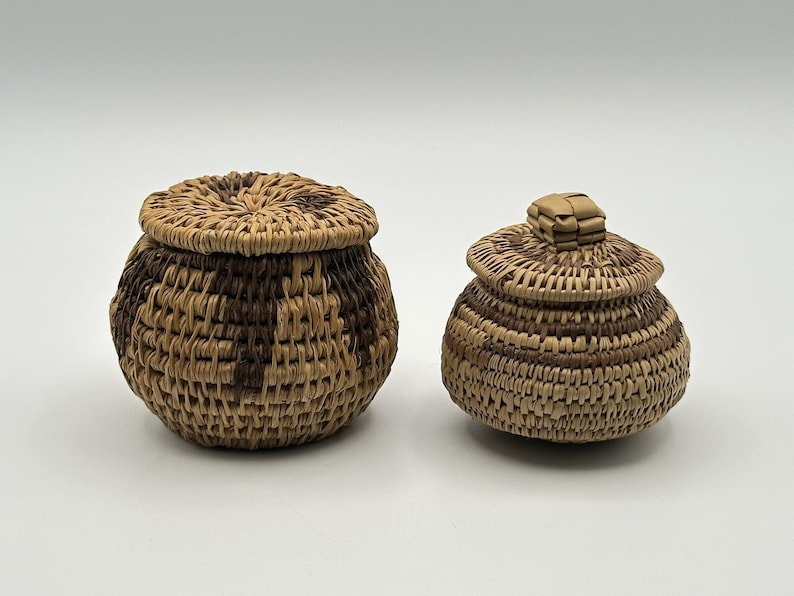 Miniature Hand-Woven Native American Lidded Basket Set - Natural Fiber Collection image 1