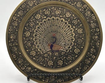Vintage 9.5 Inch Brass Decorative Plate Hand-Engraved Peacock Design Wall Art Home Decor