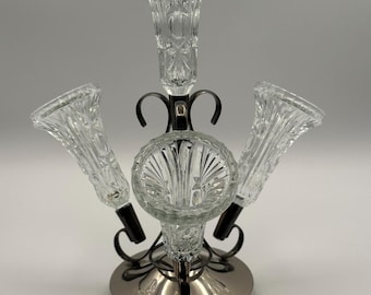 Vintage Art Nouveau Epergne Centerpiece-Four Trumpet Vases on Ornate Metal Stand