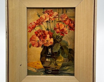 Vintage 8 1/2" Floral Still Life Print — Framed Wall Art, Cottage Décor