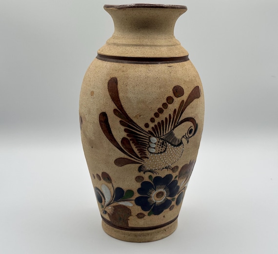 ヴィンテージ トナラ メキシコ民芸陶器花瓶 - ハリスコ州産 手描き花柄