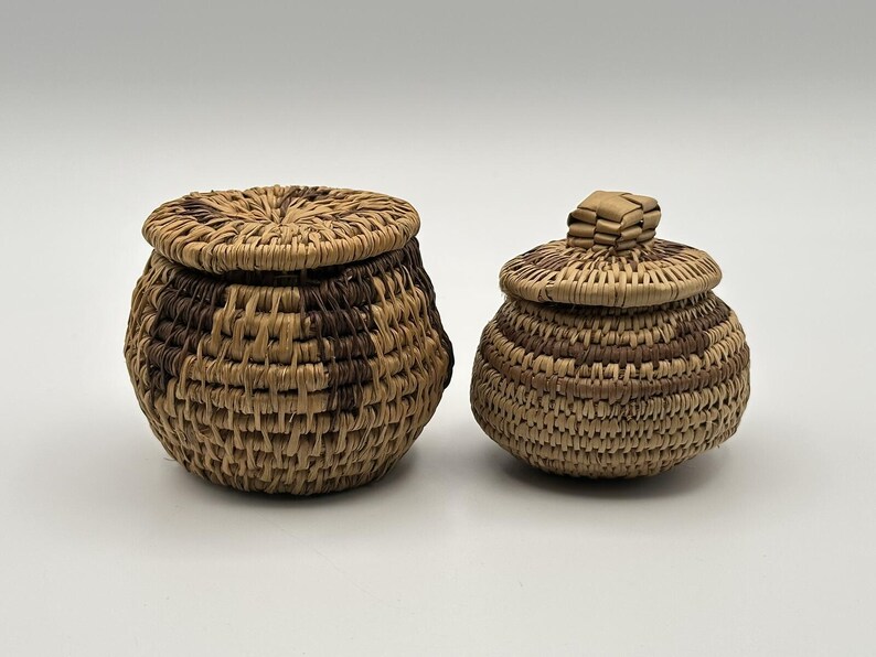 Miniature Hand-Woven Native American Lidded Basket Set - Natural Fiber Collection image 4