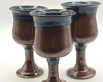 Handmade Pottery Goblet Set - 3 Studio Ceramics, Brown Blue Drip Glaze