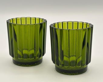 ヴィンテージ チャームウィック USA アボカドグリーン リブ付きガラス製キャンドルホルダー ペア 1970年代 レトロ装飾 ミッドセンチュリーモダン