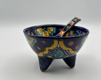 Set di ciotola e cucchiaio in ceramica messicana fatti a mano - Arte popolare Talavera, ceramica colorata a treppiede