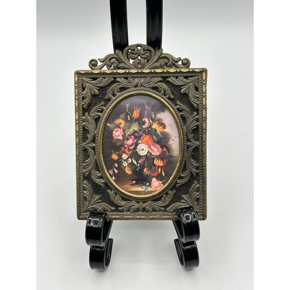 Vintage Brass Floral Still Life Miniature Ornate Frame Made in Italy 5.5x4