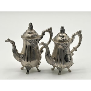 Juego de tetera, salero y pimentero Godinger Silver Art Co., chapado en plata, estilo vintage.