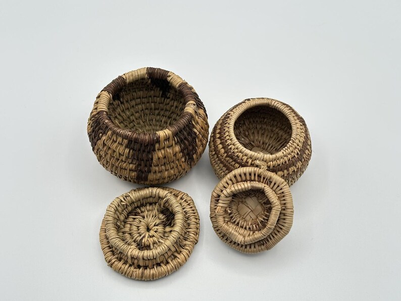 Miniature Hand-Woven Native American Lidded Basket Set - Natural Fiber Collection image 6