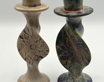 Pair of Vintage Kenyan Soapstone Candlestick Holders - Hand-Carved African Art