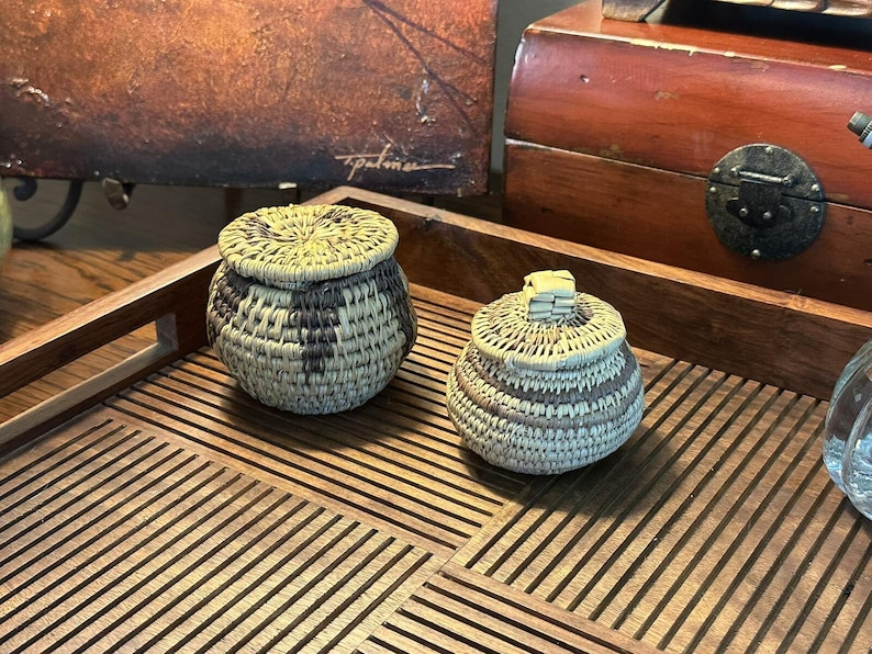 Miniature Hand-Woven Native American Lidded Basket Set - Natural Fiber Collection image 2