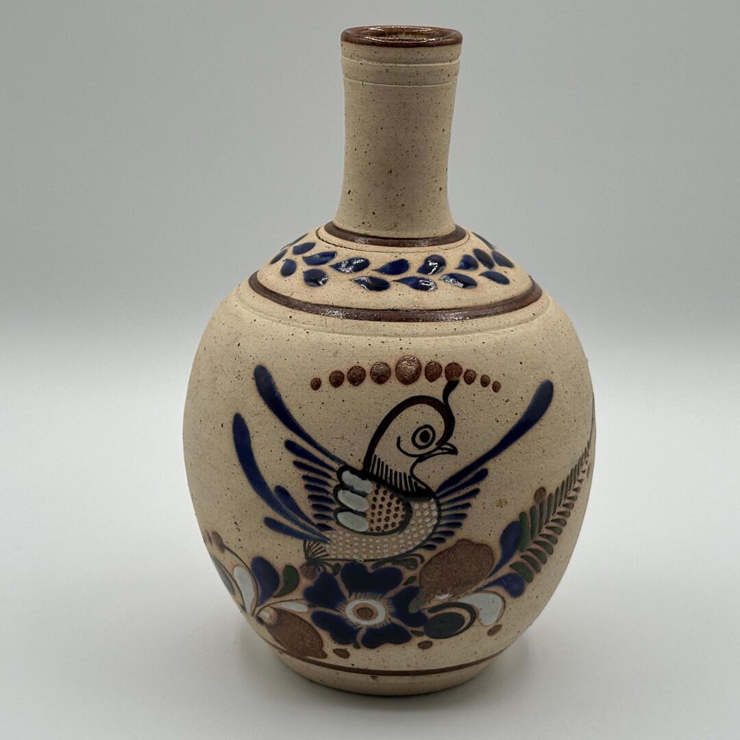 メキシコ工芸品　陶器　花瓶　ヴィンテージ　民藝 ヴィンテージ手描きメキシコ民芸花瓶 - 鳥と花のデザインが施された