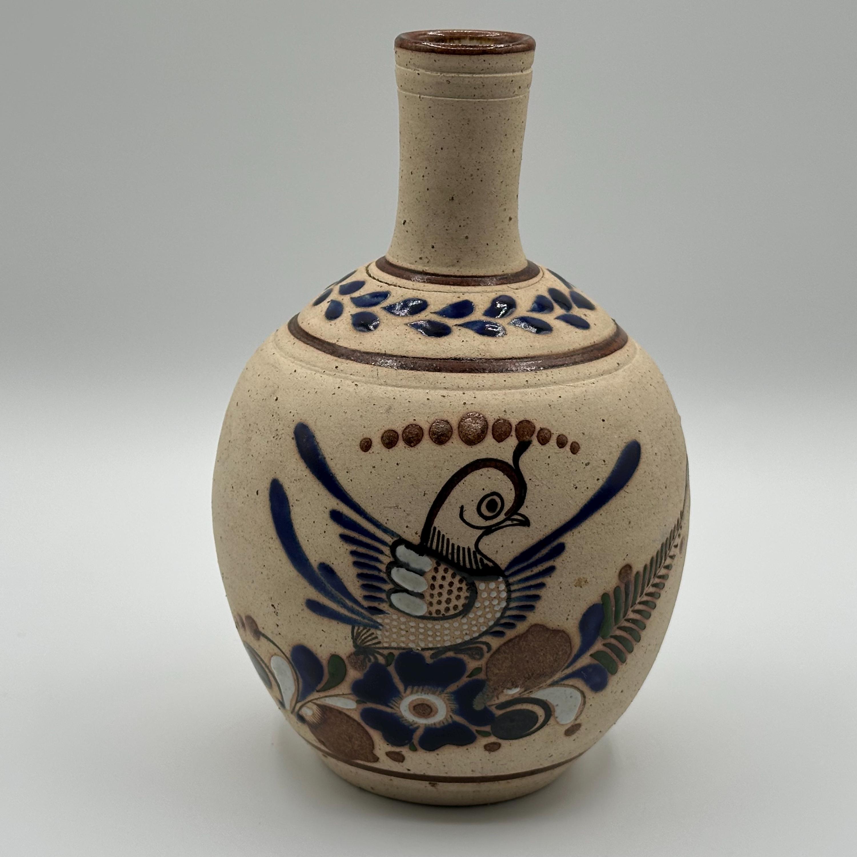 ヴィンテージ手描きメキシコ民芸花瓶 - 鳥と花のデザインが施された