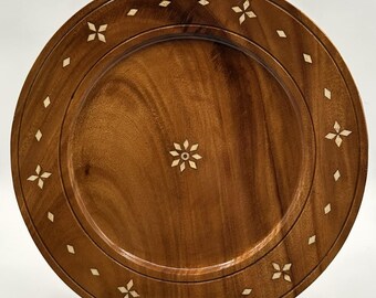 Vintage Monkey Pod Waikiki Woods Decorative Plate 11.5" Inlaid Floral Design Hawaiian