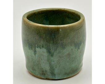 Small Handmade Green Drip Glaze Rustic Stoneware Vessel Pot