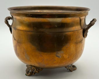 Vintage Brass Footed Planter Bowl 5.5 Inch with Ornate Handles Aged Patina