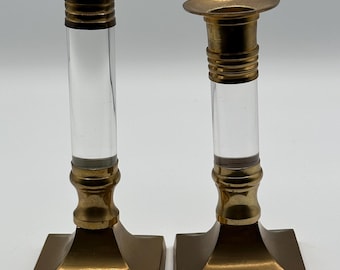 Vintage MCM Brass & Clear Lucite Candlestick Holders - Mid-Century Modern Hollywood Regency Taper Candle Stands
