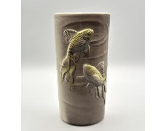 Vintage Royal Copley Koi Fish Ceramic Vase Grey Cream MCM Art Pottery 8.5"
