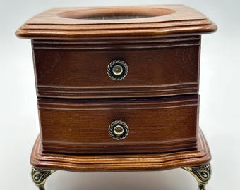 Vintage Mele Wooden Jewelry Box with Floral Glass Lid & Ornate Metal Feet