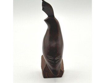Vintage MCM Hand Carved Mahogany Wood Dolphin Sculpture 4.5" Nautical Art Decor