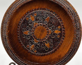 Vintage Polish Hand-Carved Wooden Decorative Wall Plate Folk Art Floral Motifs