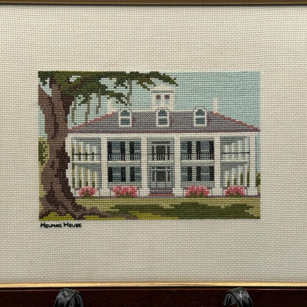 Houmas House Cross Stitch Framed Southern Plantation Needlework Art Vintage Textile Wall Decor