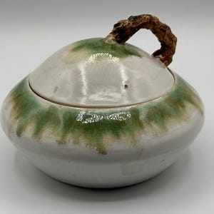 Pode incluir: Um pote de cerâmica com tampa, base branca e borda verde e bege. A tampa tem uma alça marrom. O pote é redondo e tem um acabamento brilhante. O pote é provavelmente usado para armazenamento.